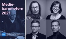 The cover of the Media Barometer 2021, and images of the speakers at the seminar.